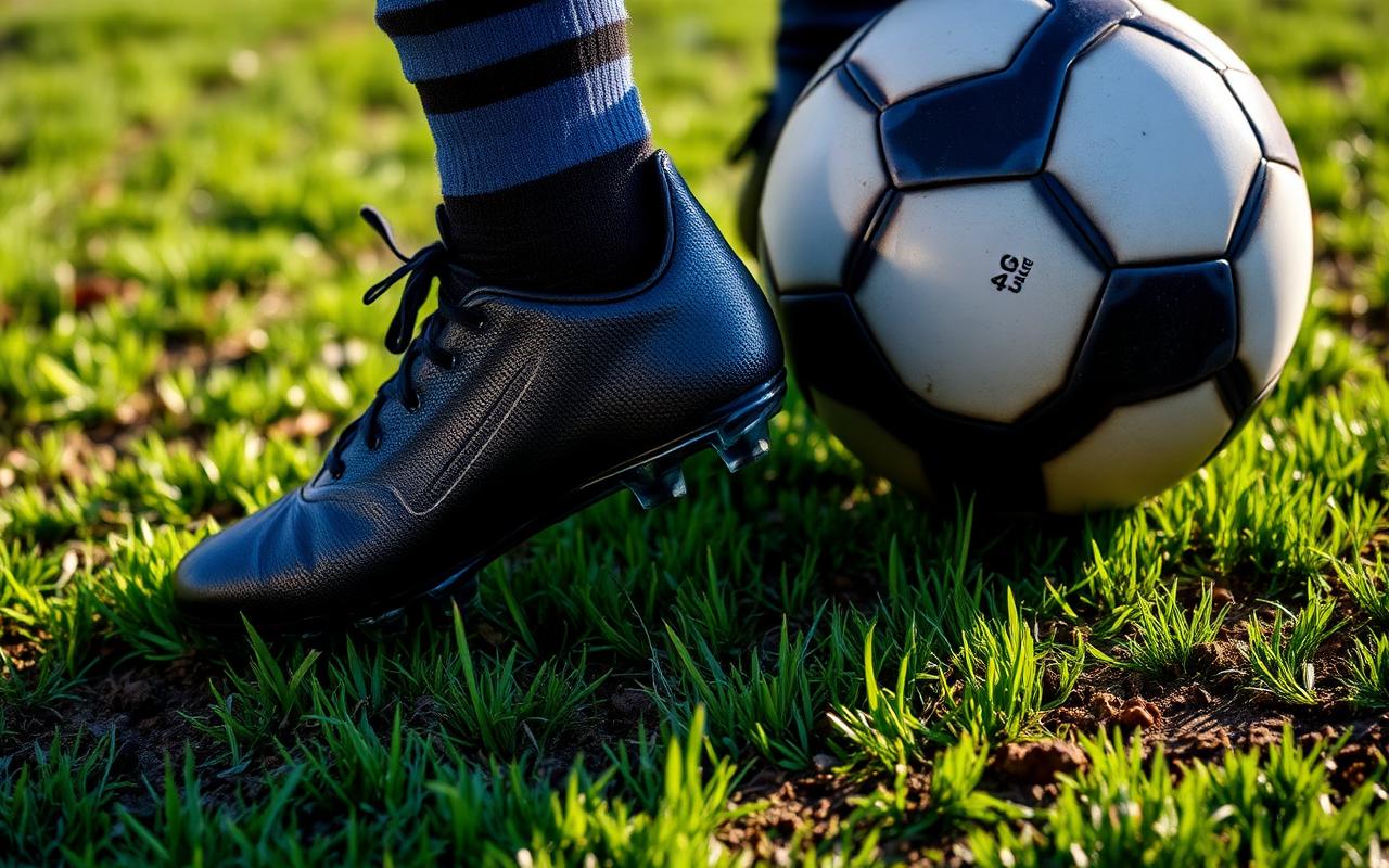 Football boots and ball on grass