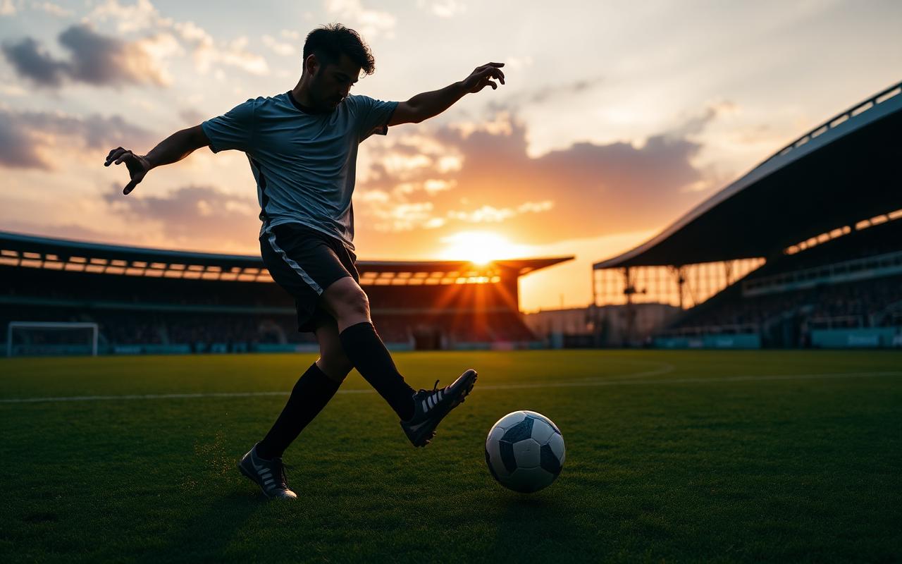 Young football player striking the ball at sunset