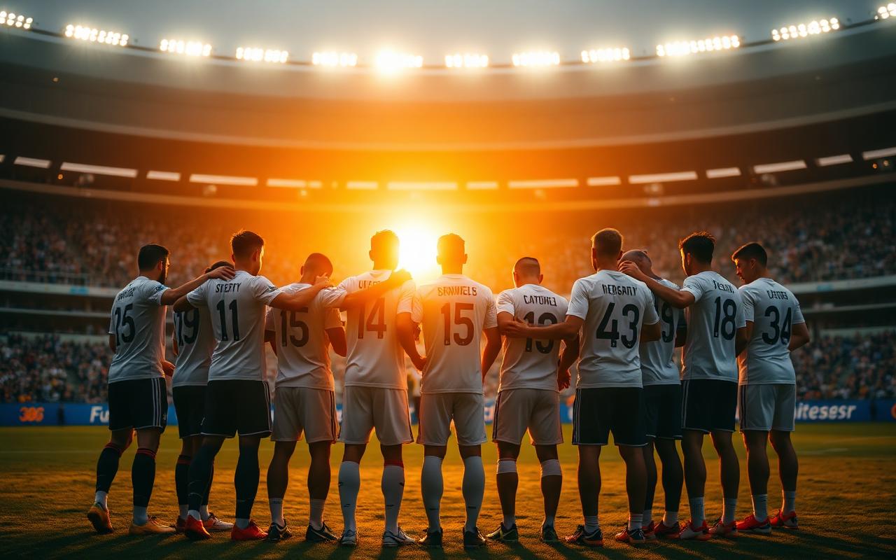 Football team huddle on the pitch at sunset