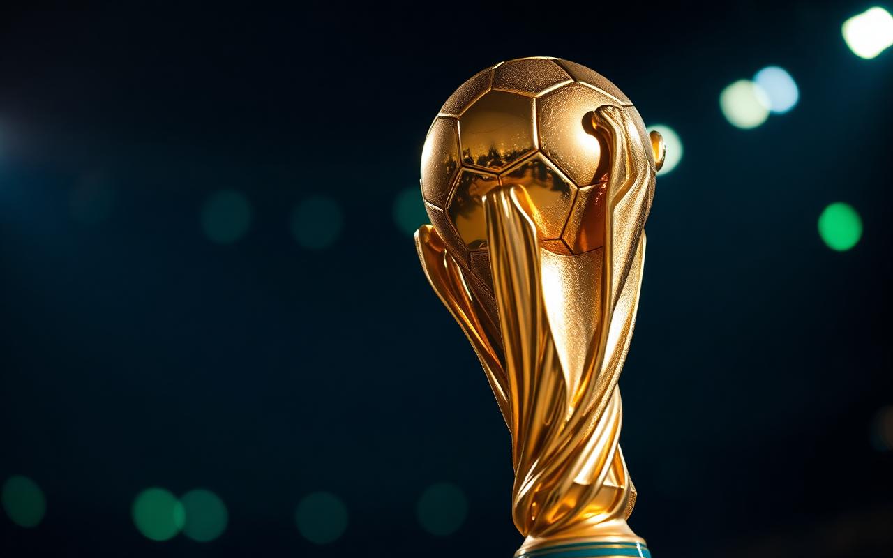 Golden World Cup trophy under stadium lights